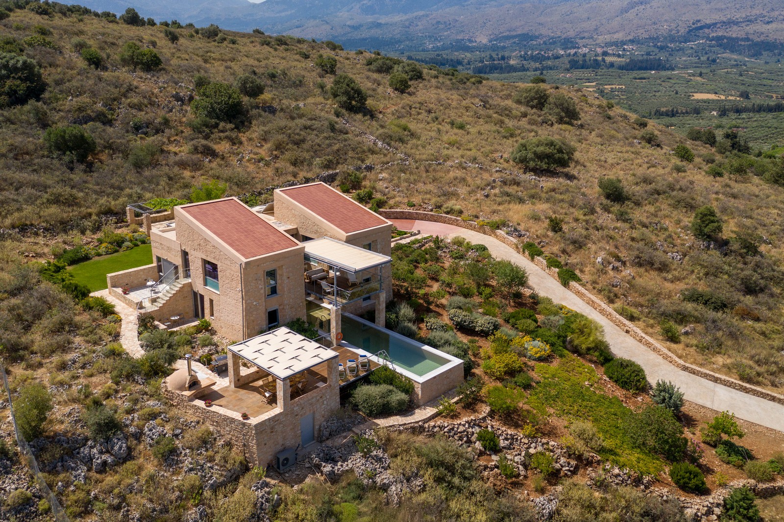 Aerial View Villa with Private Pool and Panoramic Sea & Mountain Views
