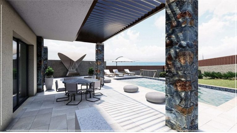 Render of the outdoor sitting area of the project by the pool