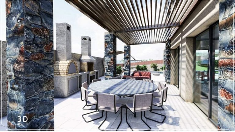 Render showing exterior layout and landscaping of Kera project