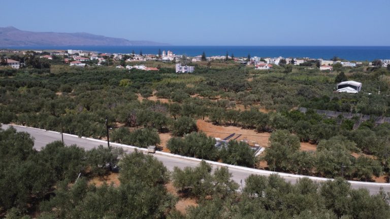 Drone photograph of villa plot for sale in Maleme Crete overlooking the Mediterranean Sea