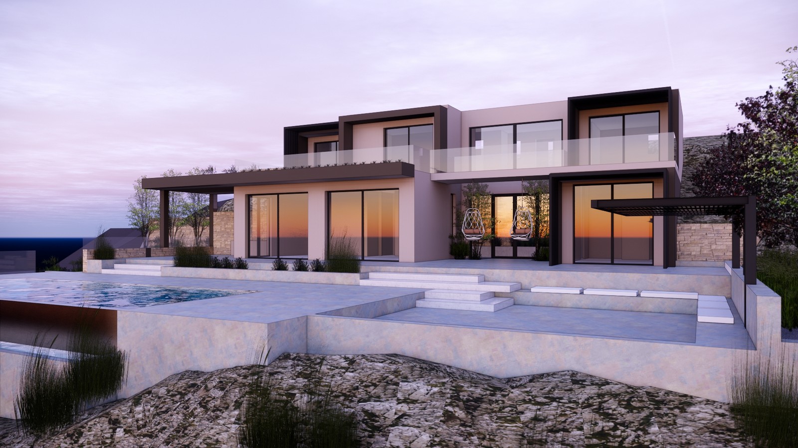 Luxury modern villa 3D architecture in Crete with sea view and infinity pool