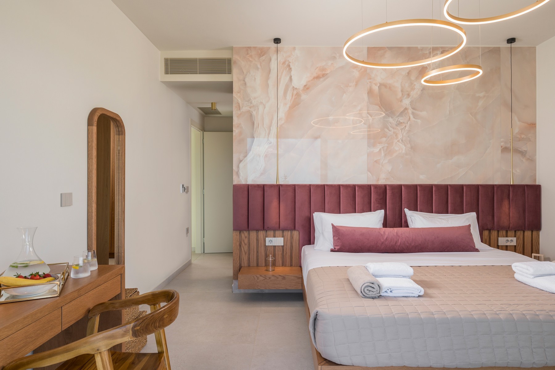 Elegant bedroom inside a professionally managed luxury villa in Chania, Crete