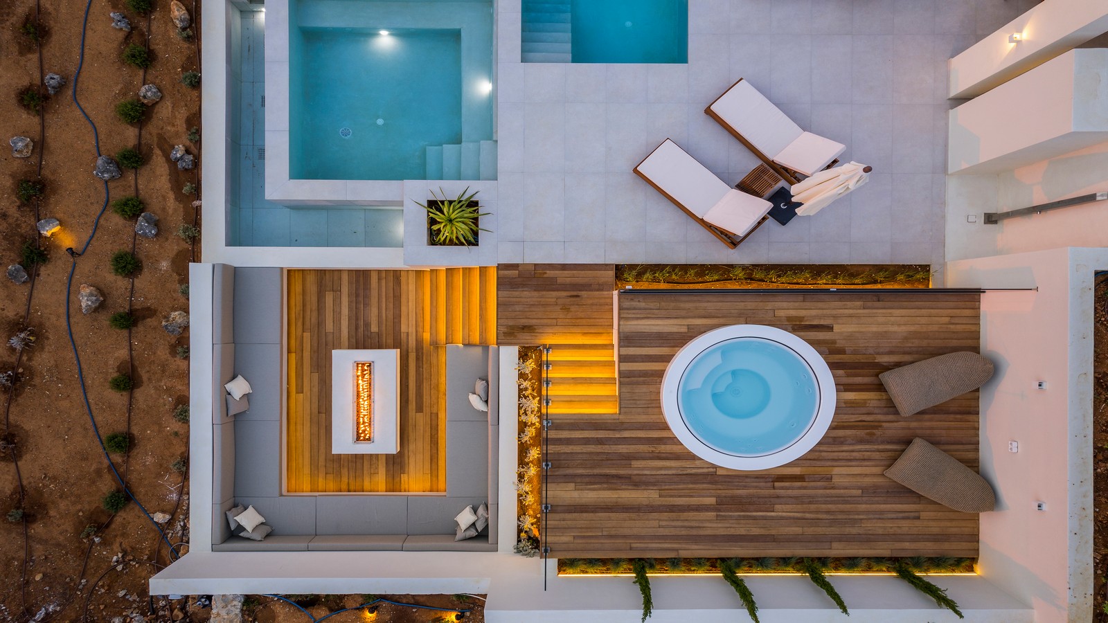 Top view design of a modern villa with pool and outdoor areas in Crete