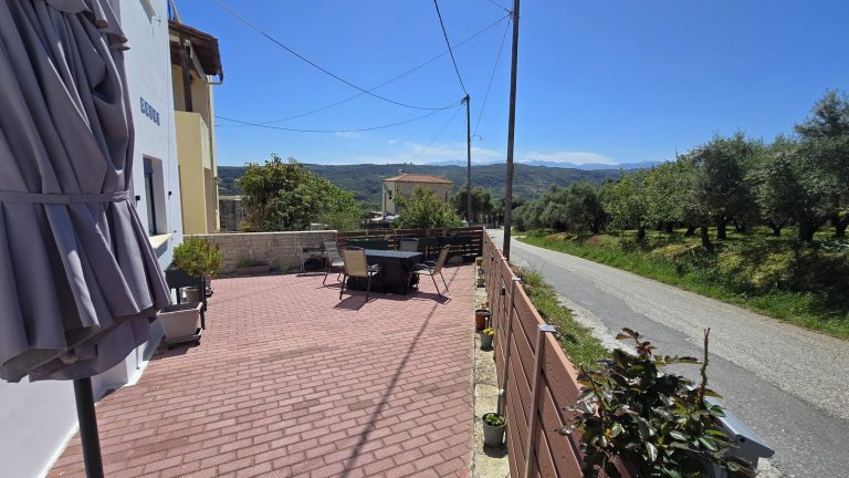 Paved terrace with stone brick BBQ and dining area