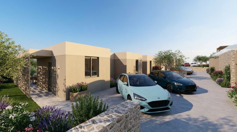 3D exterior render of a villa project in Kefalas with swimming pool and Mediterranean views