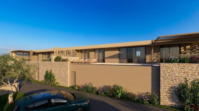 Render image of an off-plan villa in Chania with swimming pool and stunning landscape views