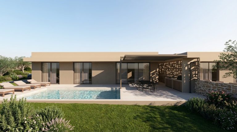 3D render of a modern off-plan villa in Kefalas with pool and mountain scenery