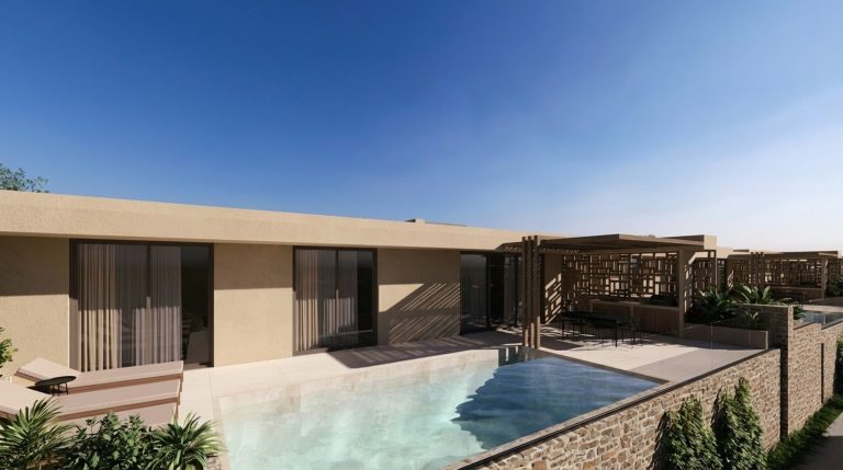 3D render of an off-plan villa project in Kefalas with swimming pool and stunning mountain views