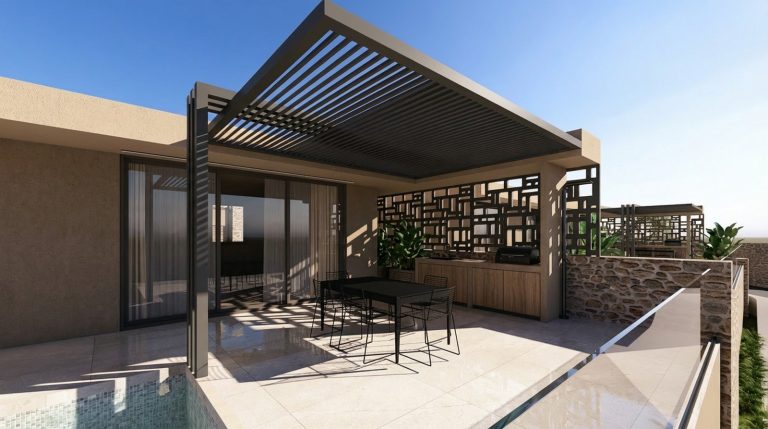 Exterior render of an off-plan villa in Kefalas with swimming pool and panoramic views