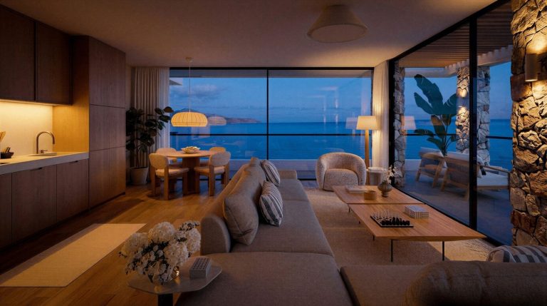 Spacious living area render, new development in Crete