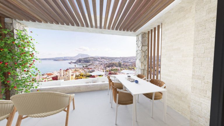 Balcony render with Aegean Sea view, Kalyves apartment Crete