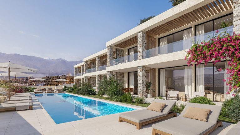 Exterior render of luxury residential complex in Kalyves