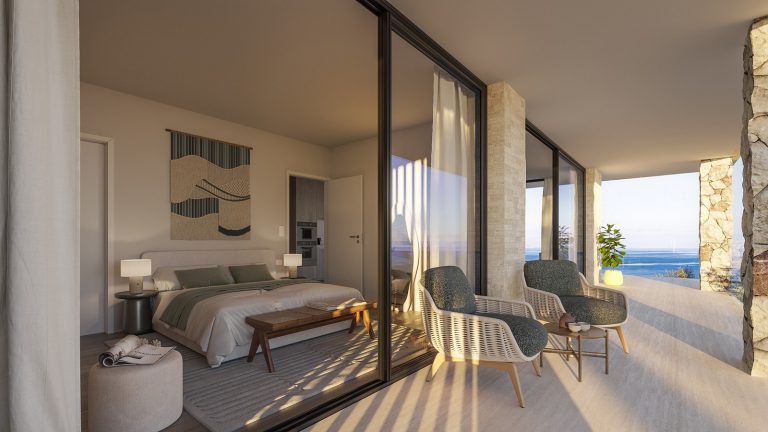 Master bedroom design with sea view, Kalyves residential complex